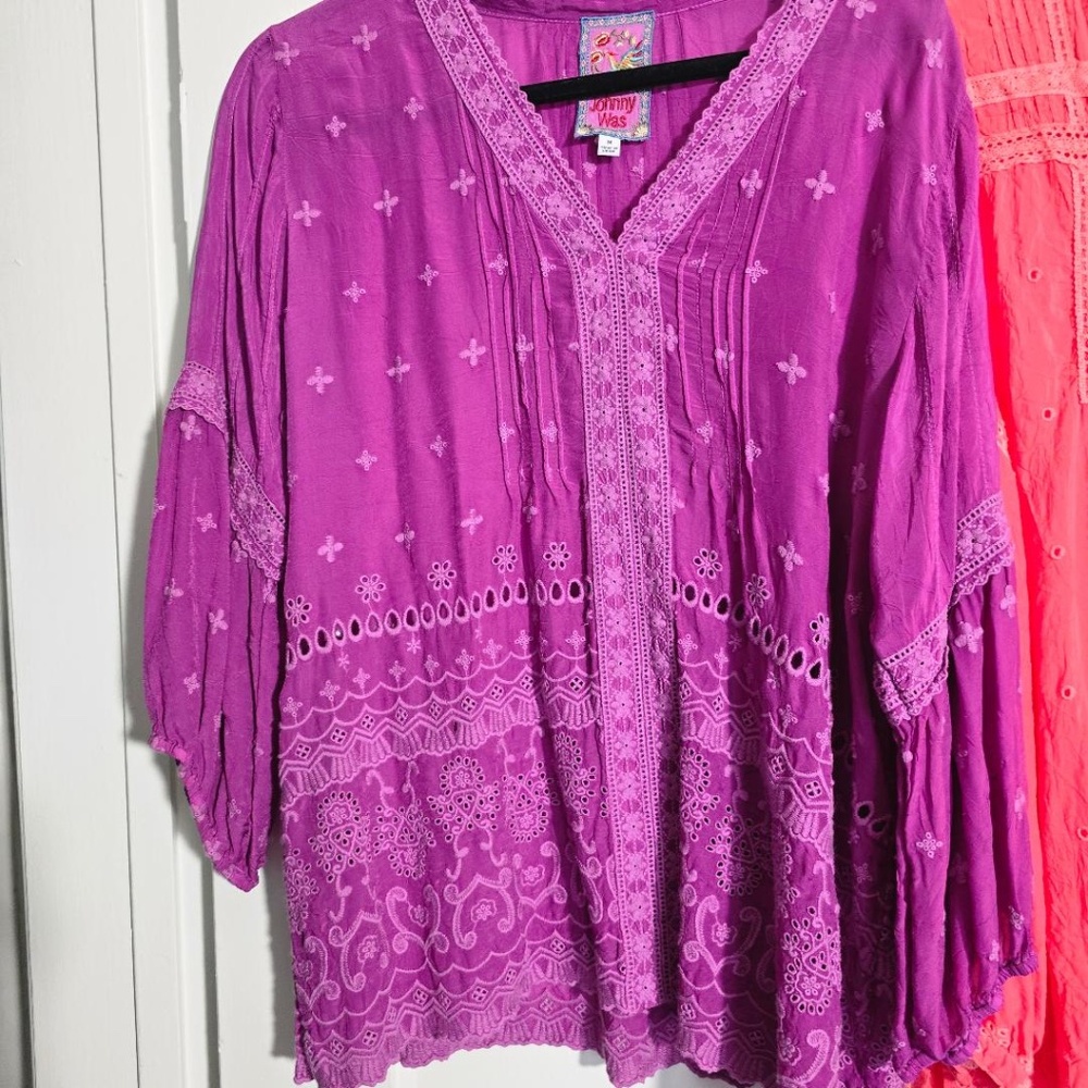 Johnny Was Embroidered Summer Top in Purple